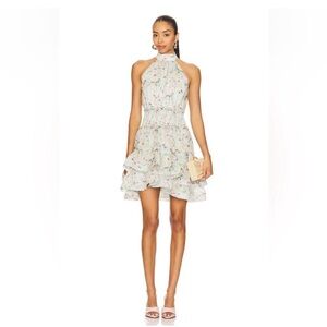 elliatt milena green floral halter fit & flare ruffle tiered mini dress small